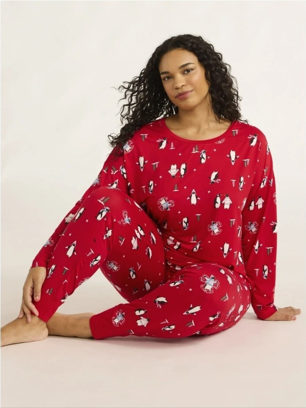 Plus Size 2X Red Winter Penguins Holiday Pajama Jogger Pants Pockets Sleep Set
